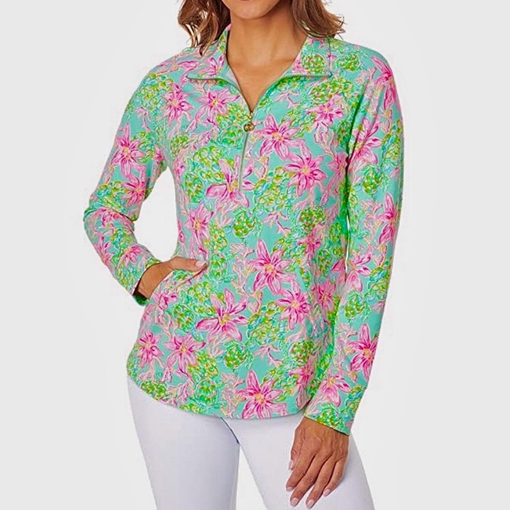 Lily Pulitzer UPF 50+ Long Sleeve Skipper Popover Top in Surf Blue So Shellegant